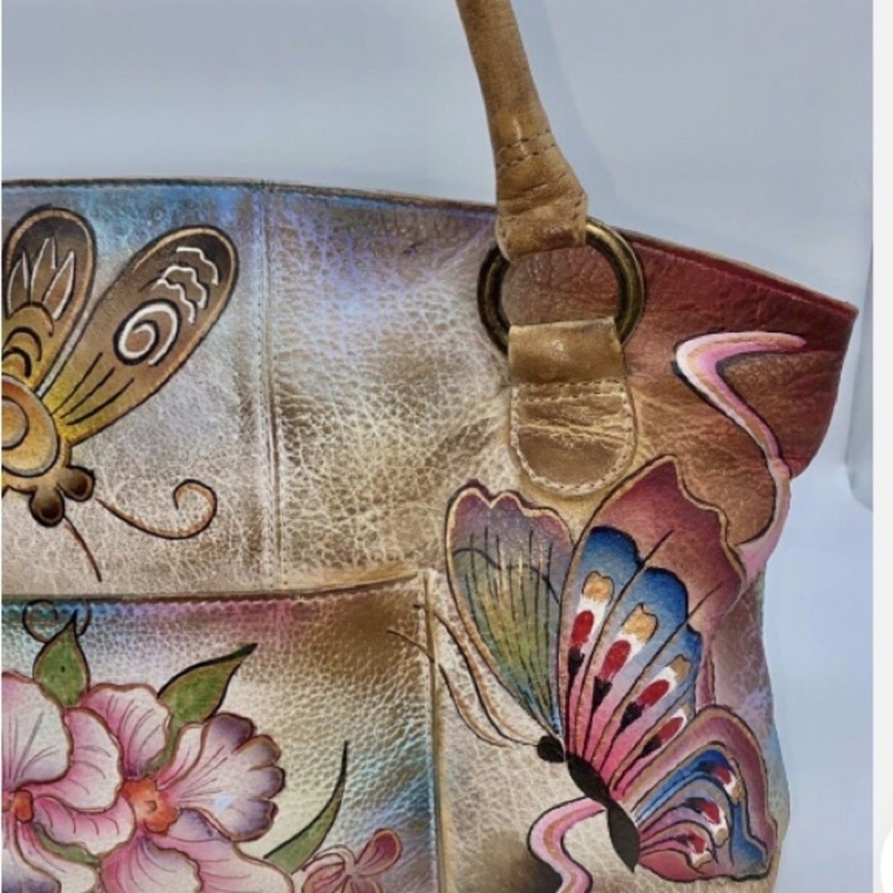 VTG Anuschka Hand Paint Flower Butterflies Leather Double Strap HandBag Satchel - Picture 3 of 12